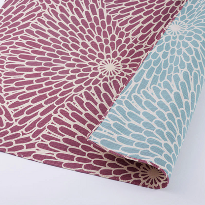 Close-up of a furoshiki cloth with blue and purple chrysanthemum pattern