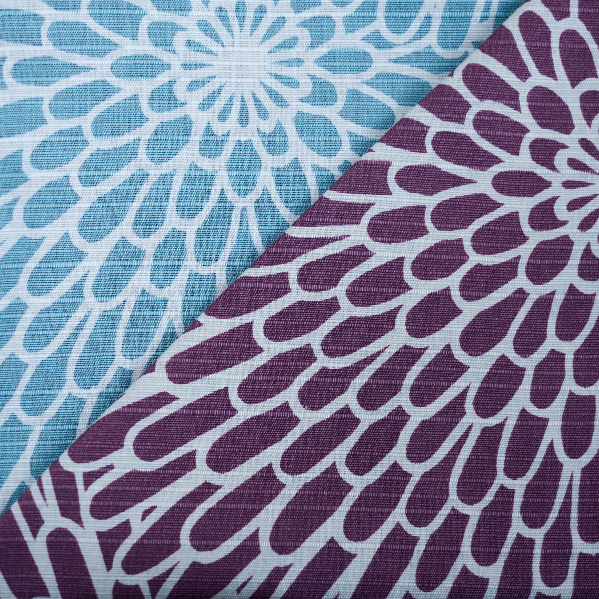 Close-up of a furoshiki cloth with blue and purple chrysanthemum pattern