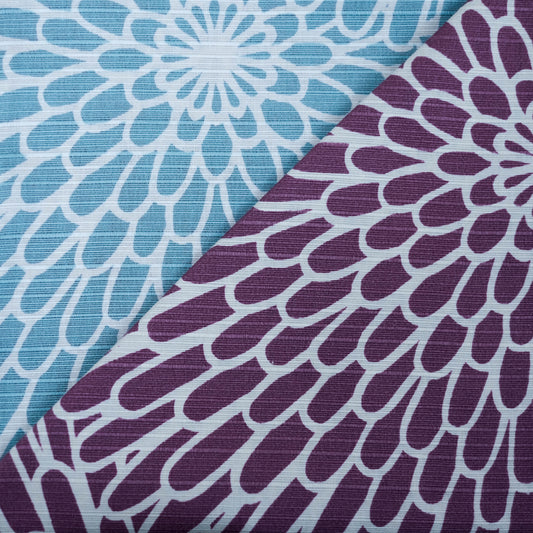 Close-up of a furoshiki cloth with blue and purple chrysanthemum pattern