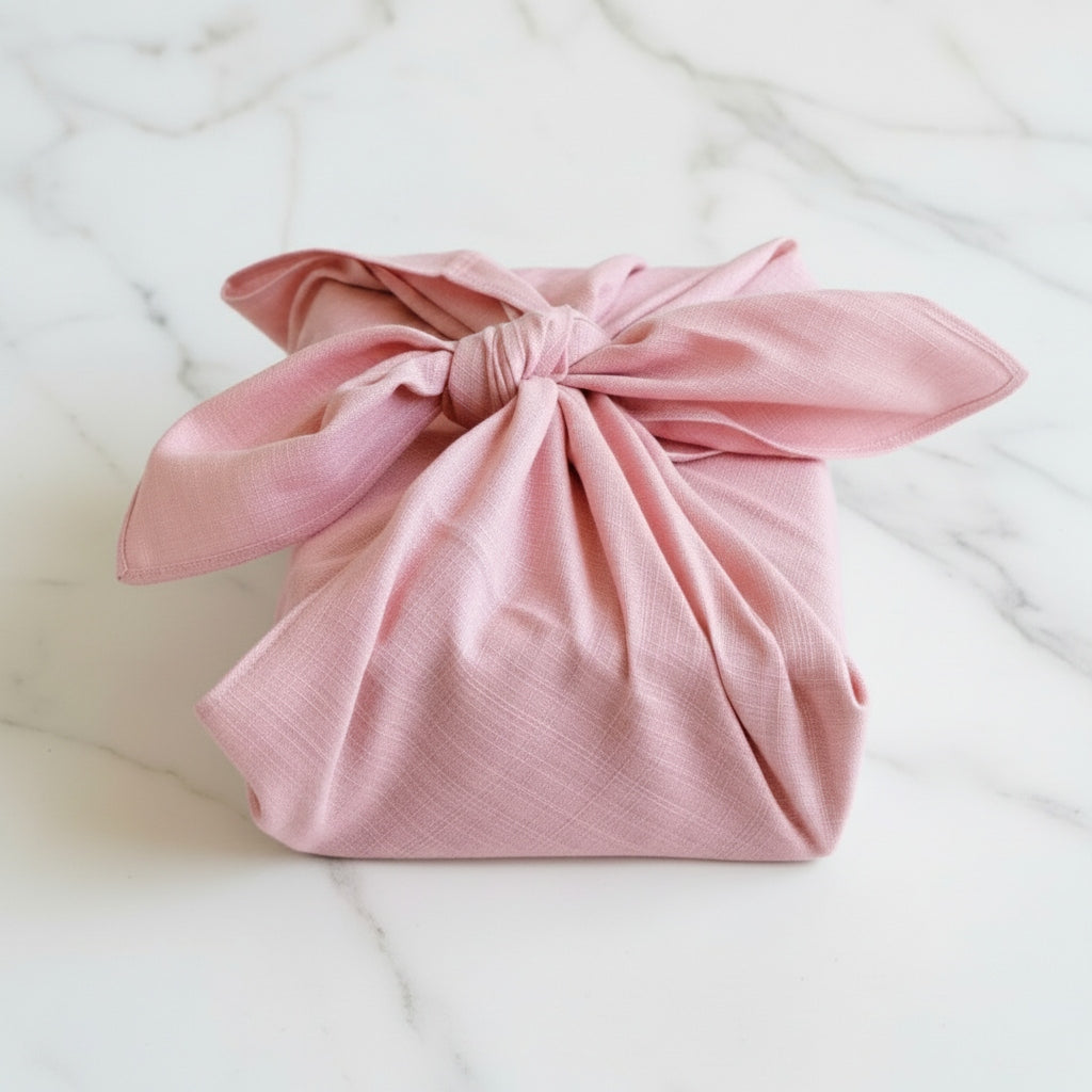 Pink fabric bundle on a white marble surface