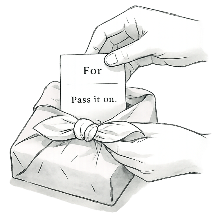 Illustration of a hand holding a gift with a 'For Pass it on.' card.